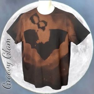 GROOVY GLAM Black Handmade Halloween Bat and Mask Bleached Art Unisex Tee Shirt